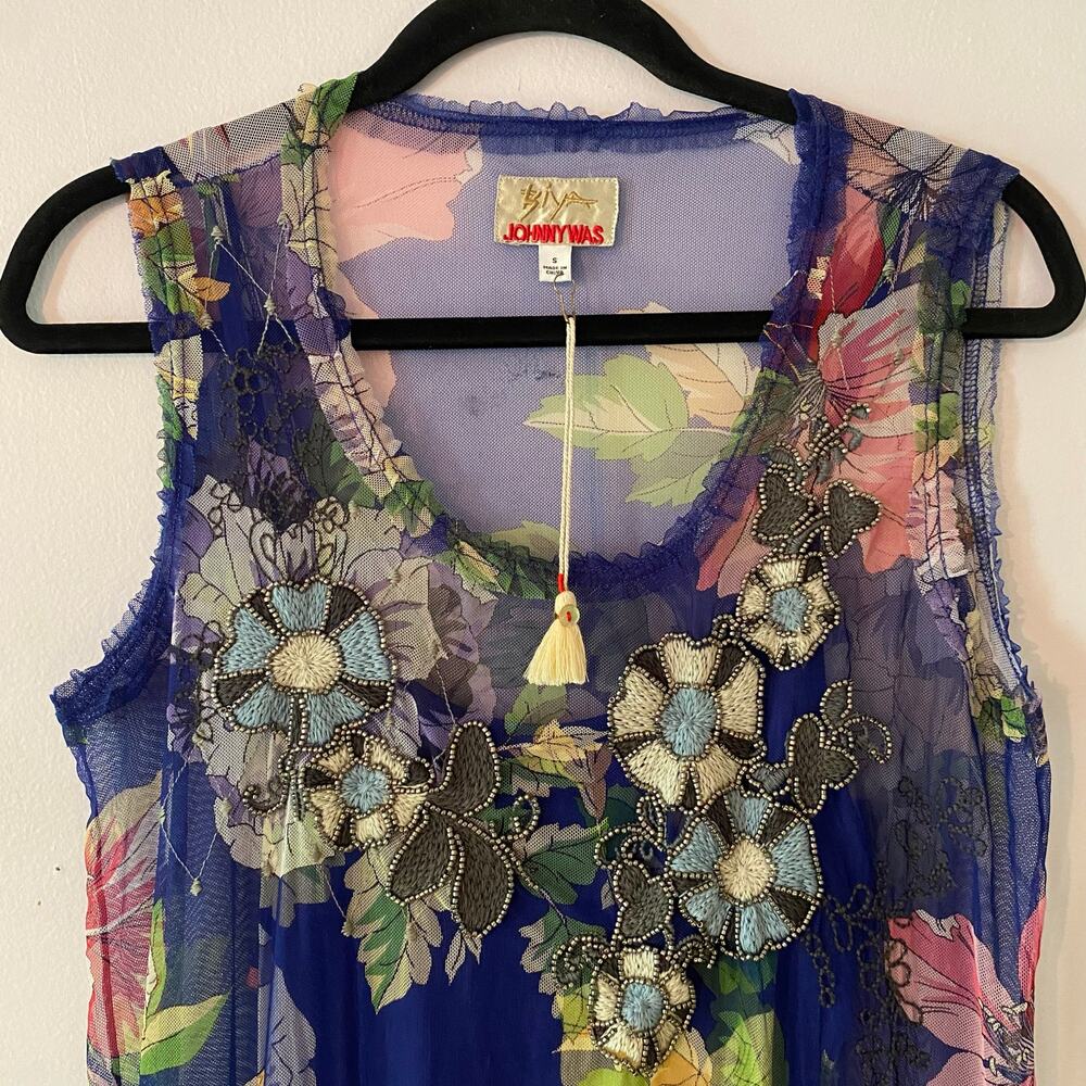 Johnny Was Women's Small Mazzy Ruffle Dress Blue Floral Embroidered Beaded - Picture 3 of 12